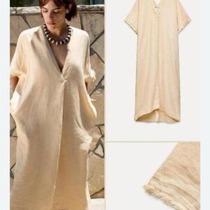 Zara Cream V-Neck Linen Blend Kaftan maxi dress loose S khaki hi-low summer